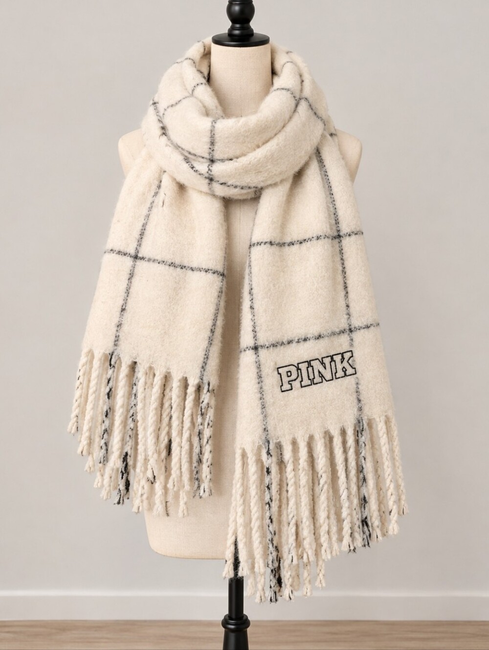 PINK Victoria's Secret Brand Cream Plaid Fringe Throw Scarf